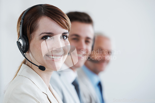 Image of Woman, call center and portrait, CRM or contact us with headset and mic, coworking and smile for communication. Telecom, customer service or telemarketing with agent for tech support or help desk