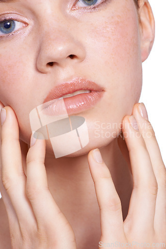 Image of Closeup, skincare and woman in studio with face, hands and white background with natural for beauty, glow and healthy skin. Confident, self care and treatment for smooth, pure and perfect texture