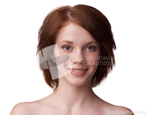 Image of Closeup, woman and smile with natural makeup in white background, studio and confidence in perfect skin. Face, cosmetic and glow with red hair in beautiful skin with routine, aesthetic and care.