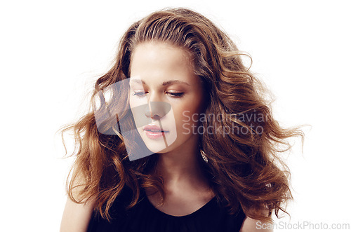 Image of Hair, woman and thinking in studio for beauty, cosmetics and skincare with makeup on white background. Female person, haircare and isolated for planning, vision and ideas with head down for salon