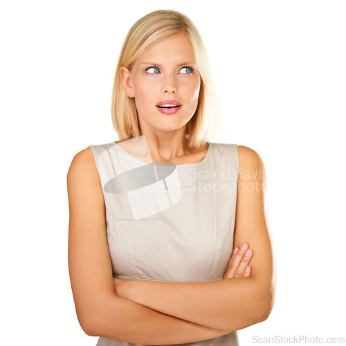 Image of Confused, thinking and woman with crossed arms on a white background for choice, option and decision. Facial expression, reaction and isolated person with unsure, doubt and attitude in studio