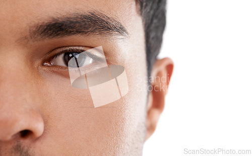 Image of Eyes, closeup and portrait of man in studio for vision, wellness or examination on white background. Eye test, face and model with eyesight assessment for contact lens, wellness or eyeball health