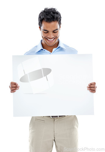 Image of Mockup, poster and business man in studio with news, presentation or promotion on white background. Banner, recruitment and recruiter with space for we are hiring, information or opportunity platform