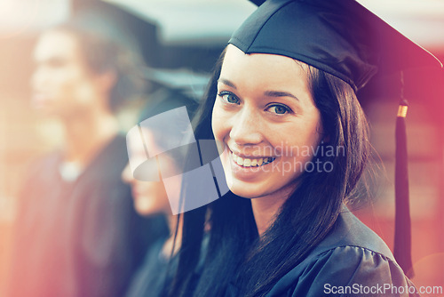 Image of Happy woman, portrait and student in graduation for achievement, future or education at university. Face of female person or graduate with smile for qualification, certification or ceremony at campus