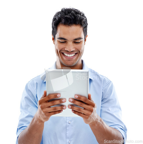 Image of Business, tablet and happy man in studio for social media, news or information on white background. Digital, search or male consultant online for client communication, help or app for crm service
