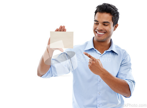 Image of Mockup, happy man or hand pointing to business card in studio for startup, promotion or marketing on white background. Paper, recruitment or male agent we are hiring space, contact us or information