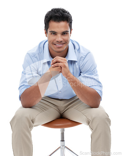 Image of Business man, portrait and happy in studio, corporate employee and career in sales on white background. Professional, positivity and pride with smile, salesman sitting in chair and confidence