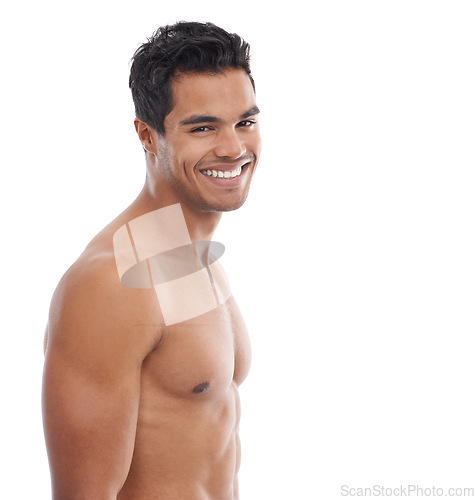 Image of Body, skincare or portrait of fitness man in studio for wellness, treatment or glowing skin on white background space. Face, mockup or model with beauty, care and dermatology or result satisfaction