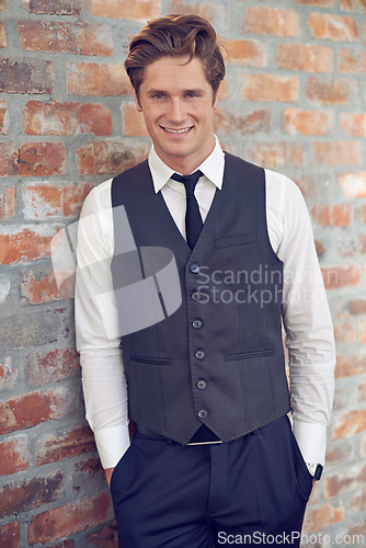 Image of Portrait, fashion and happy business man with formal, clothes or professional style on brick wall background. Corporate, face or male lawyer with positive attitude, confidence or smart outfit choice