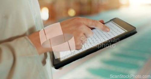 Image of Scripture, Islam and hands with a tablet at a mosque for communication, prayer or reading on an app. Research, website screen and a person scrolling on technology to study islamic faith online