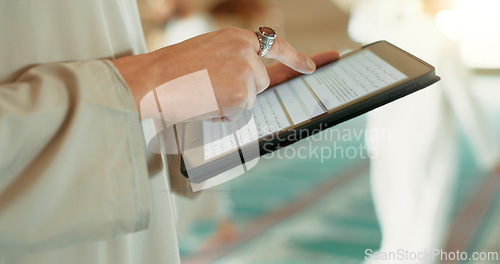 Image of Religion, Islam and hands with a tablet at a mosque for communication, prayer or reading scripture. Research, website screen and a person scrolling on technology to study islamic faith online