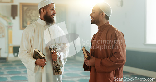 Image of Islam, men and talking in mosque for religion advice, spirituality or learning Friday prayer to God. Muslim friends, people or community for culture, Eid Mubarak or praise Allah as revert and leader