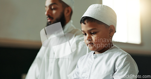 Image of Muslim, praying and man with child in mosque for learning, religious education and worship or prayer. Islamic community, religion and person and kid for Ramadan Kareem, Eid Mubarak and teaching Quran