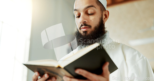 Image of Islamic man, reading quran and mosque with faith, reading and mindfulness with worship, search and study. Muslim person, religion and peace with book, page and thinking with meditation in Palestine