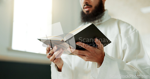 Image of Muslim man, reciting and mosque for reading quran with faith, idea or culture for worship, praise or study. Islamic person, religion and peace in book, prayer and thinking for meditation in Palestine