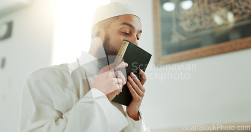 Image of Islam, kiss and man in mosque with Quran, mindfulness and gratitude in faith reading. Worship, religion and love, Muslim Imam in holy temple for praise, spiritual teaching and peace in prayer at Eid.