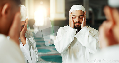 Image of Faith, islamic or men in a mosque for praying, peace and spiritual care in holy religion for Allah. Eyes closed, Ramadan, meditaion or happy Muslim people with trust, hope or gratitude to worship God