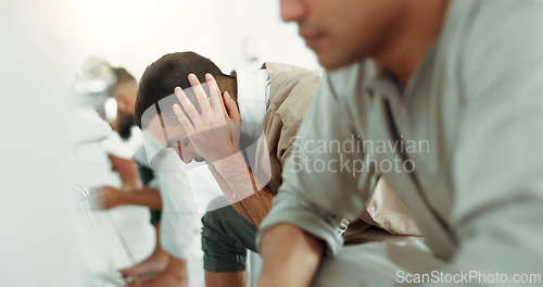 Image of Muslim, religion ritual and men washing before prayer in bathroom for purity, and cleaning. Islamic, worship and faith of group of people with wudu together at a mosque or temple for holy practice