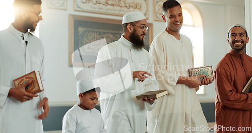 Image of Islam, smile and group of men in mosque with child, mindfulness and gratitude in faith. Worship, religion and Muslim people together in holy temple for conversation, spiritual teaching and community.