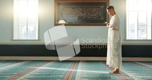 Image of Gratitude, islamic and man with faith in a mosque for praying, peace and spiritual care in holy religion for Allah. Respect, Ramadan and Muslim person with kindness, hope and humble after worship