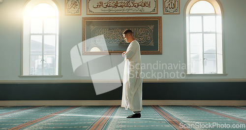 Image of Muslim man, praying and mosque with faith, profile and mindfulness with worship, praise or gratitude. Islamic person, religion and peace with trust, prayer and thinking with meditation in Palestine