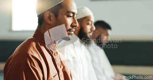 Image of Islamic, praying and men in a Mosque for spiritual religion together as a group to worship Allah in Ramadan. Muslim, Arabic and holy people with peace or respect for gratitude, trust and hope