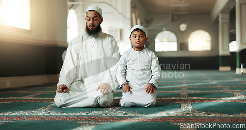 Image of Muslim, praying and father with child in Mosque for spiritual religion together or teaching to worship Allah. Islamic, Arabic and parent with kid for peace or respect as gratitude, trust and hope