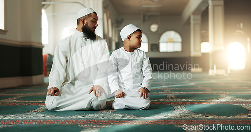 Image of Muslim, praying and father with child in Mosque for spiritual religion together or teaching to worship Allah. Islamic, Arabic and parent with kid for peace or respect as gratitude, trust and hope