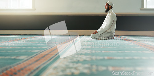 Image of Praying, islamic and man with faith in a mosque for gratitude, peace and spiritual care in holy religion for Allah. Respect, Ramadan and Muslim person with kindness, hope and humble after worship