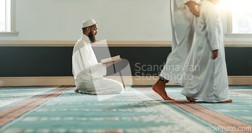 Image of Quran, islamic and man with faith in a mosque for praying, peace and spiritual care in holy religion for Allah. Reading, Ramadan and Muslim person with kindness, hope and humble after worship