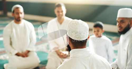 Image of Islam, discussion and group of men in mosque with child, mindfulness and faith gratitude. Worship, religion and love, Muslim people together in holy temple for praise and spiritual teaching with boy.