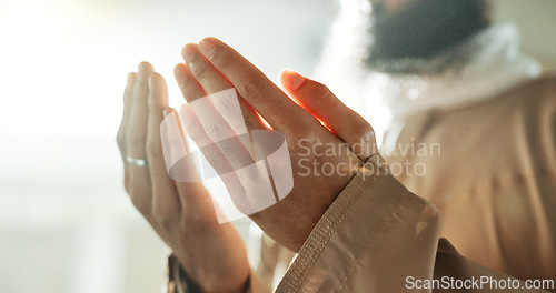 Image of Mosque, prayer and hands of Islamic man with love, mindfulness and gratitude in faith. Worship, religion and Muslim teacher in holy temple praise, spiritual teaching and peace Ramadan in Morocco.