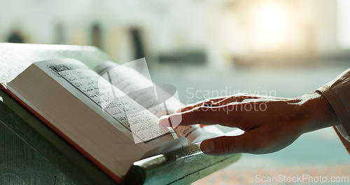 Image of Hands, Quran and closeup of woman reading in mosque for religion study, faith or worship. Gratitude, praise and zoom of muslim female person with holy book for spiritual wellness in islamic temple.