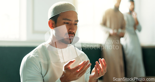 Image of Islam, prayer and man in mosque with faith, mindfulness and gratitude with commitment to faith. Worship, religion and Muslim person in holy temple praise, spiritual teaching and learning with peace.