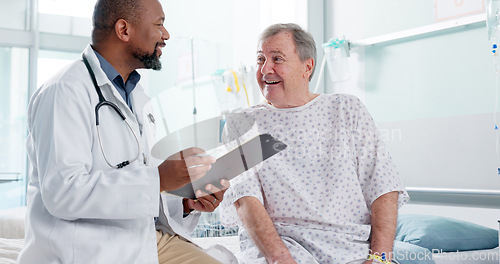 Image of Man, doctor and patient in consultation, diagnosis or explaining prescription on hospital bed. Male person, medical or healthcare surgeon consulting customer for health advice or results at clinic