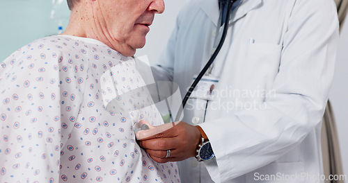 Image of Senior man, doctor and breathing on stethoscope, checkup and consultation in hospital, health issue and lungs. Elderly, healthcare service and cardiology for patient, retired and old age sickness