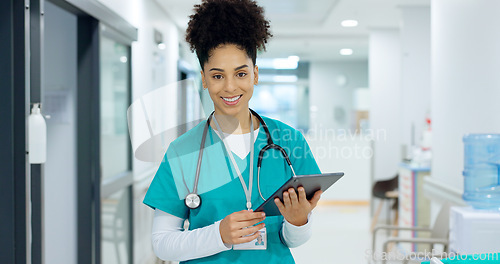 Image of Medical, tablet or surgeon typing for research on social media to for medicine news online in hospital. Woman doctor reading, scroll or healthcare nurse browsing on technology for telehealth services