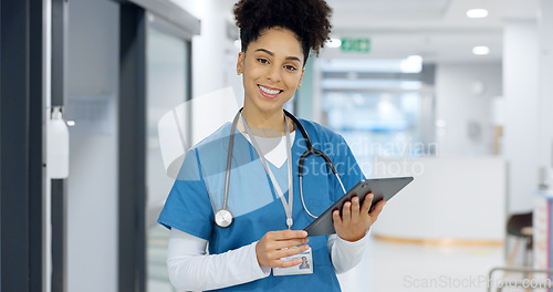 Image of Face, tablet or doctor in hospital with research on social media to search for medicine info online. Happy woman, smile or medical healthcare nurse browsing on technology for telehealth in clinic