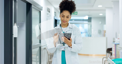 Image of Typing, tablet or doctor in hospital with research on social media to search for medicine news online. Woman reading, smile or medical healthcare nurse browsing on technology for telehealth or meme