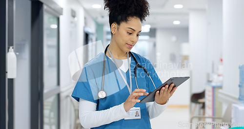 Image of Face, tablet or doctor in hospital with research on social media to search for medicine info online. Happy woman, smile or medical healthcare nurse browsing on technology for telehealth in clinic