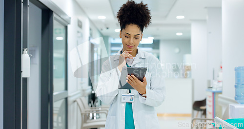 Image of Typing, tablet or doctor in hospital with research on social media to search for medicine news online. Woman reading, smile or medical healthcare nurse browsing on technology for telehealth or meme