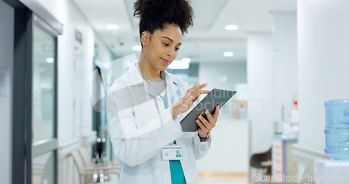 Image of News, tablet or doctor in hospital with research on social media to search for medicine info online. Woman reading, smile or medical healthcare nurse browsing on technology for telehealth in clinic