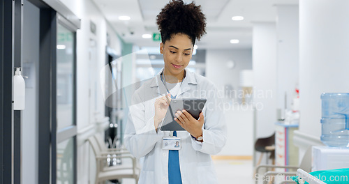 Image of Medical, tablet or doctor typing for research on social media to search for medicine news online. Woman reading, scroll or healthcare nurse browsing on technology for telehealth services in hospital