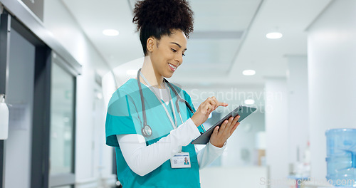 Image of Medical, tablet or surgeon typing for research on social media to for medicine news online in hospital. Woman doctor reading, scroll or healthcare nurse browsing on technology for telehealth services