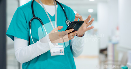 Image of Hands, phone and communication with a nurse scrolling in a hospital closeup for research or networking. Medical, mobile and information with a medicine professional reading a text message in a clinic