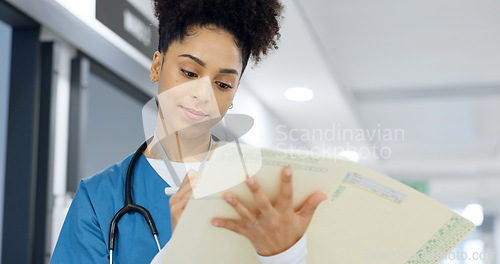 Image of Writing, nurse and document in hospital for insurance, healthcare and compliance report with patient information. Paperwork, checklist and doctor with medical notes in file, chart or folder in clinic