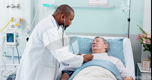 Image of Senior man, doctor and hospital bed with patient, stethoscope and checkup for consultation, breathing or lungs. Health issue, lungs and elderly for healthcare service, cardiology and old age sickness