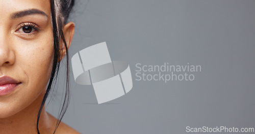 Image of Happy woman, face and teeth on mockup for dental, beauty or hygiene against a grey studio background. Portrait of female person or model big smile for skincare cosmetics, oral or mouth and gum care