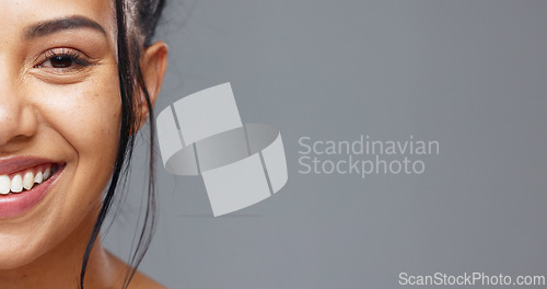 Image of Happy woman, face and teeth on mockup for dental, beauty or hygiene against a grey studio background. Portrait of female person or model big smile for skincare cosmetics, oral or mouth and gum care