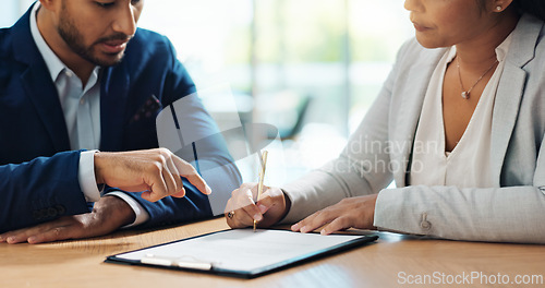 Image of Business hands, clients and signature on paper of legal contract, agreement and office consultation. Notary, advisor or people writing on documents for funding, terms and conditions or life insurance